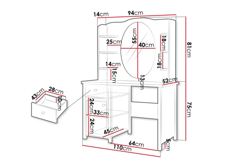 Hilts Sminkebord 110x52 cm - Hvit/Rosa - Møbler - Bord - Sminkebord & toalettbord - Sminkebord med speil