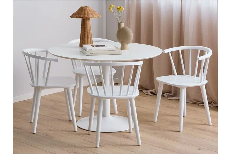 Ibiza Spisegruppe Rund 110 Cm + 4 Spisestuestoler, Hvit