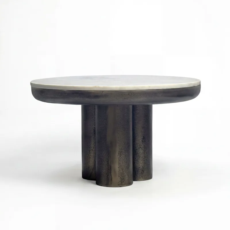 Ilvora rundt sofabord 60 cm i metall med marmorplate, hvit marmor antikk svart bronse