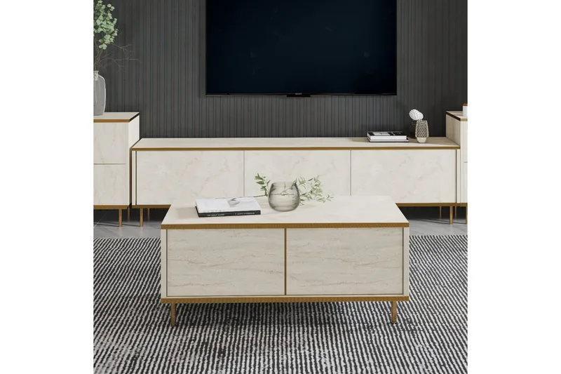 Imaj Salongbord 90 cm Rektangulært med Skuffer i Malt Tre - Beige - Møbler - Bord - Sofabord