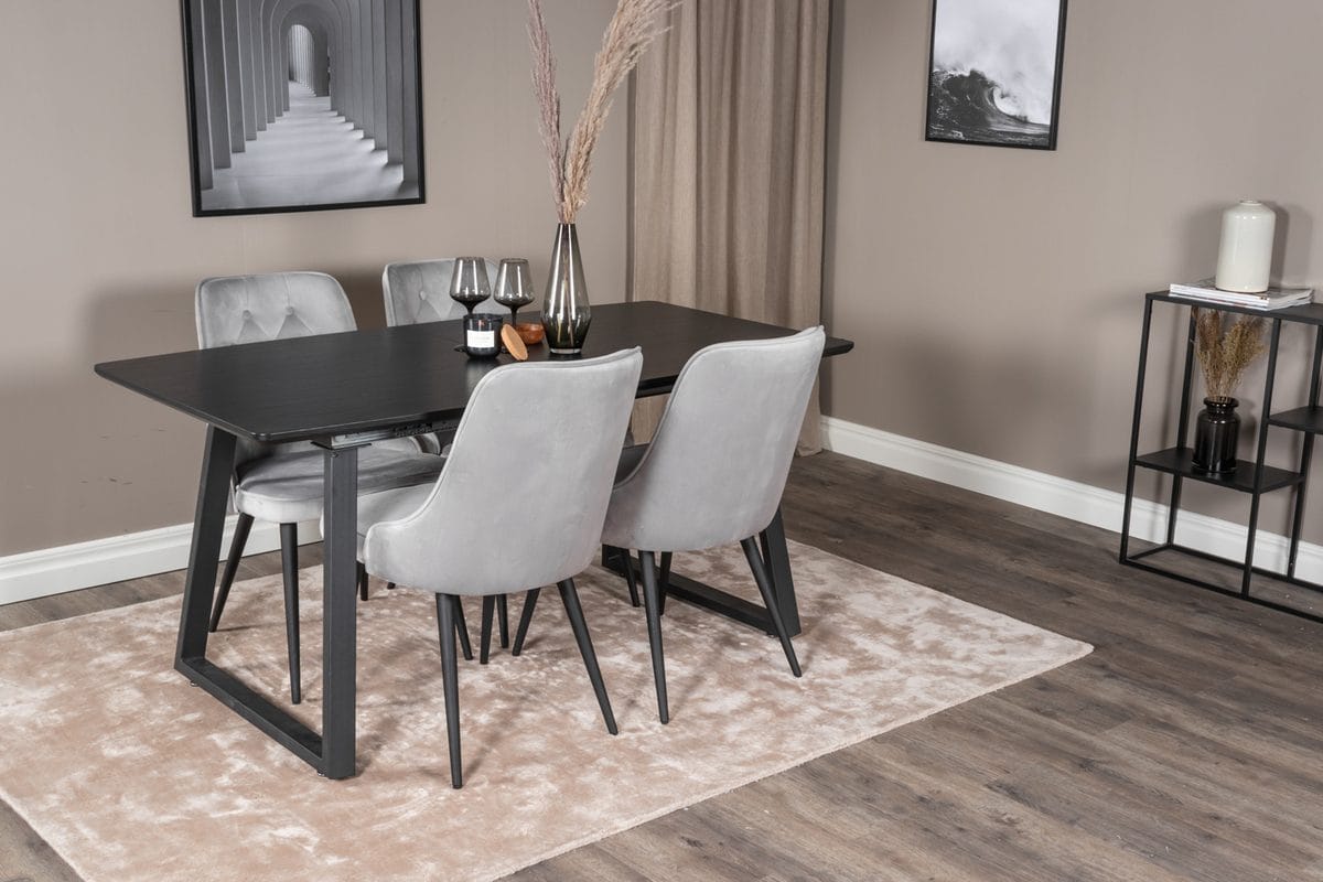Inca spisegruppe uttrekkbar 160 cm rektangulær med 4 Velvet Deluxe stoler - Svart/Lys grå