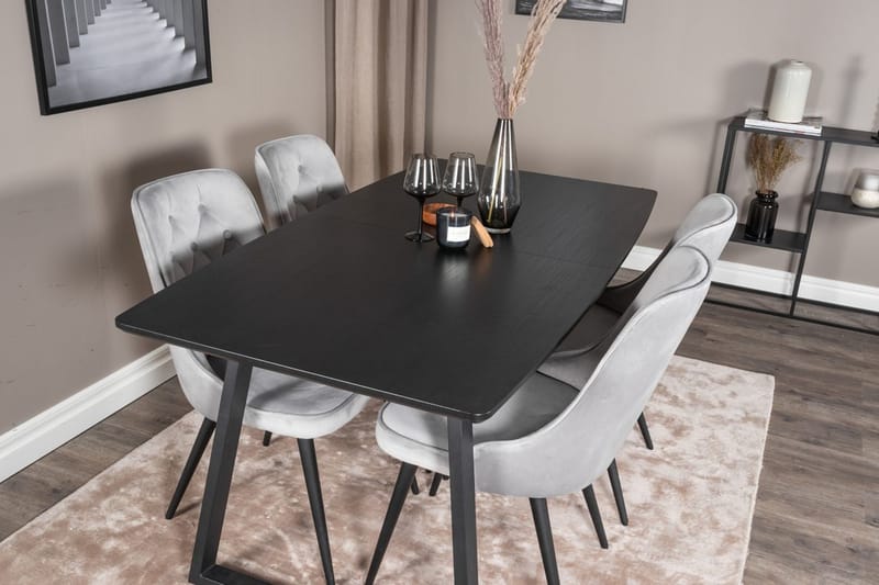 Inca spisegruppe uttrekkbar 160 cm rektangulær med 4 Velvet Deluxe stoler - Svart/Lys grå - Møbler - Bord - Spisegrupper