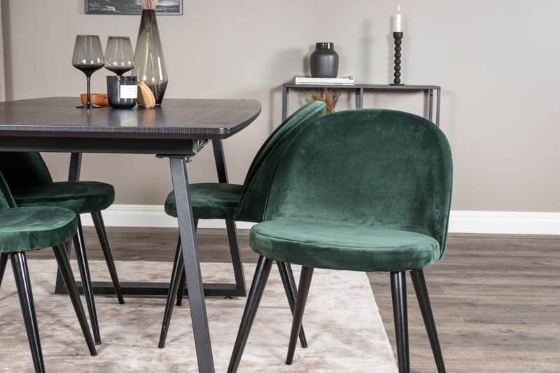 Inca spisegruppe uttrekkbar 160 cm rektangulær med 4 Velvet stoler - Svart/Grønn - Møbler - Bord - Spisegrupper