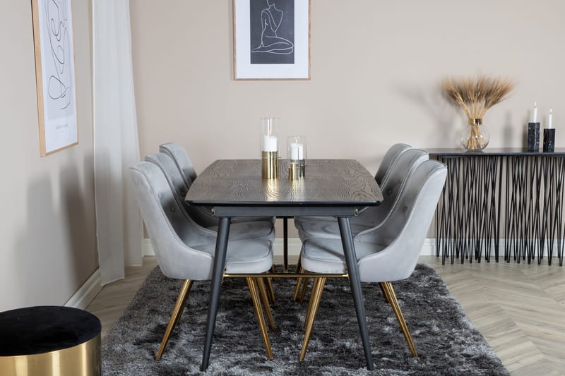 Irunea forlengbar spisegruppe 180 cm inkl. 6 Valera Lyx stoler - Svart/Grå/Messing - Møbler - Bord - Spisegrupper