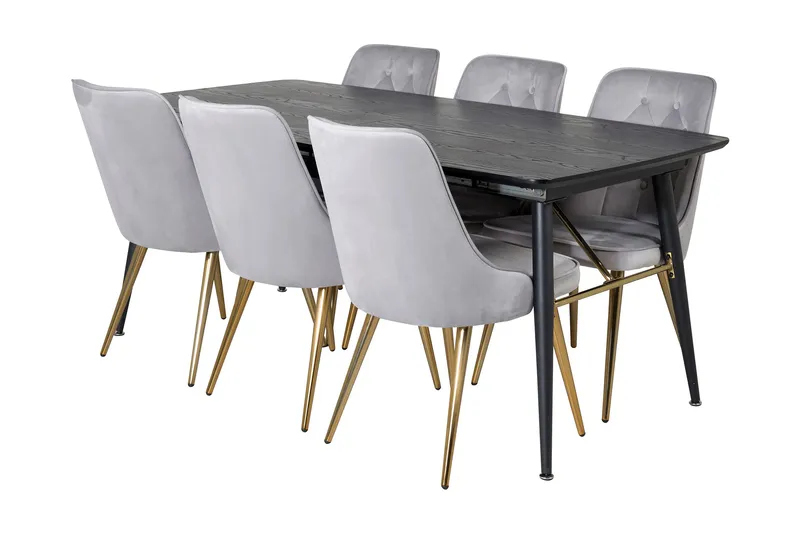 Irunea forlengbar spisegruppe 180 cm inkl. 6 Valera Lyx stoler, Svart/Grå/Messing