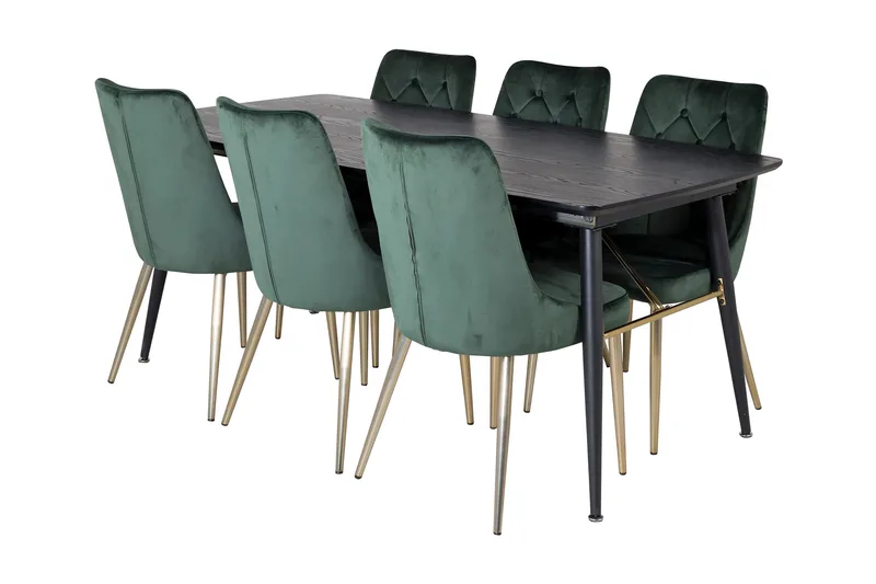 Irunea uttrekkbar spisegruppe 180 cm inkl. 6 Valerie Luksus stoler, Svart/Mørkegrønn/Gull