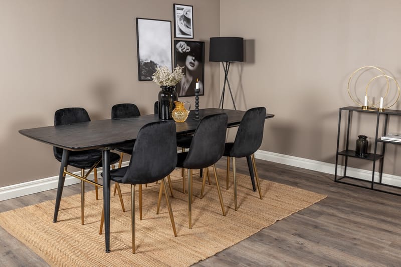 Irunea Uttrekkbar Spisegruppe 180 cm inkl. 6 Pontus Stoler - Svart/Messing/Fløyel - Møbler - Bord - Spisegrupper