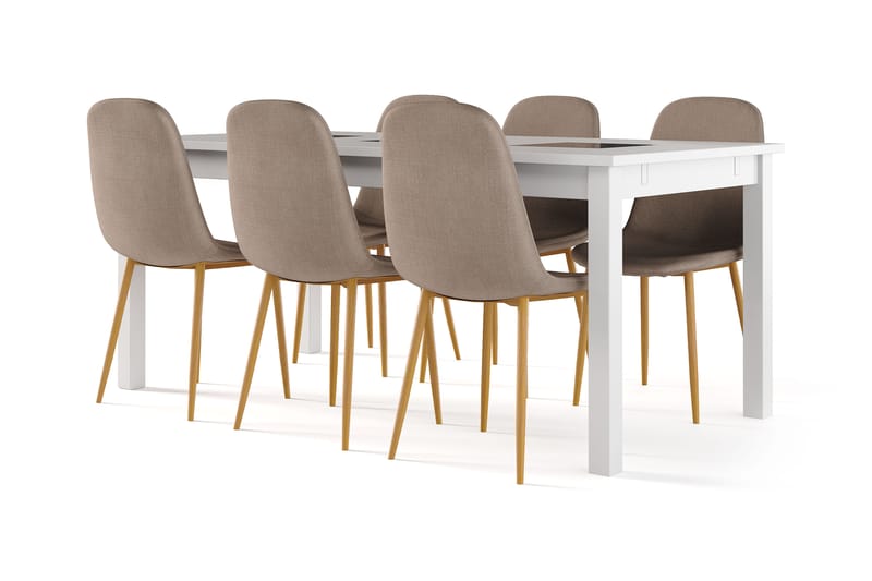 Jasmin Uttrekkbart Spisebord 180 cm + 6 stk Nibe stol brun med eikeben, Hvit/Brun