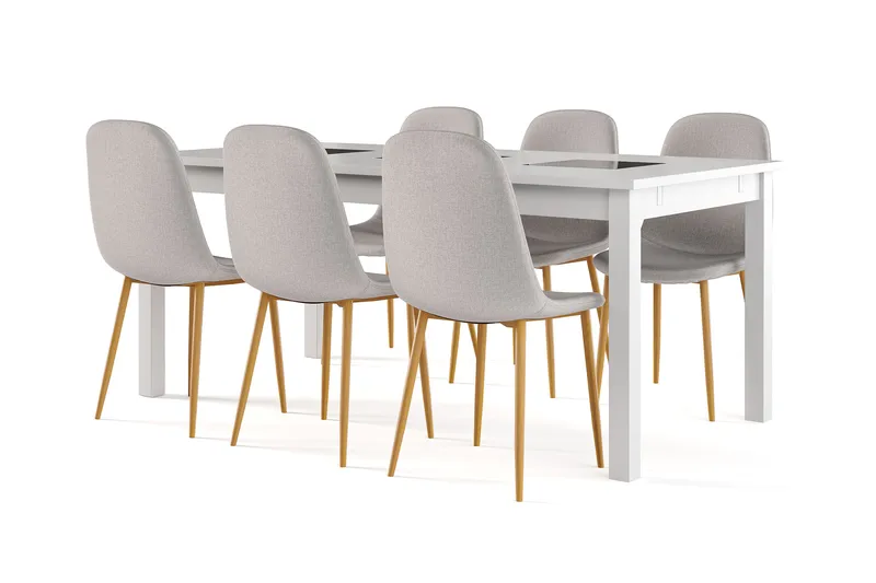 Jasmin Uttrekkbart Spisebord 180 cm + 6 stk Nibe stol grå med eikeben, Hvit/Grå