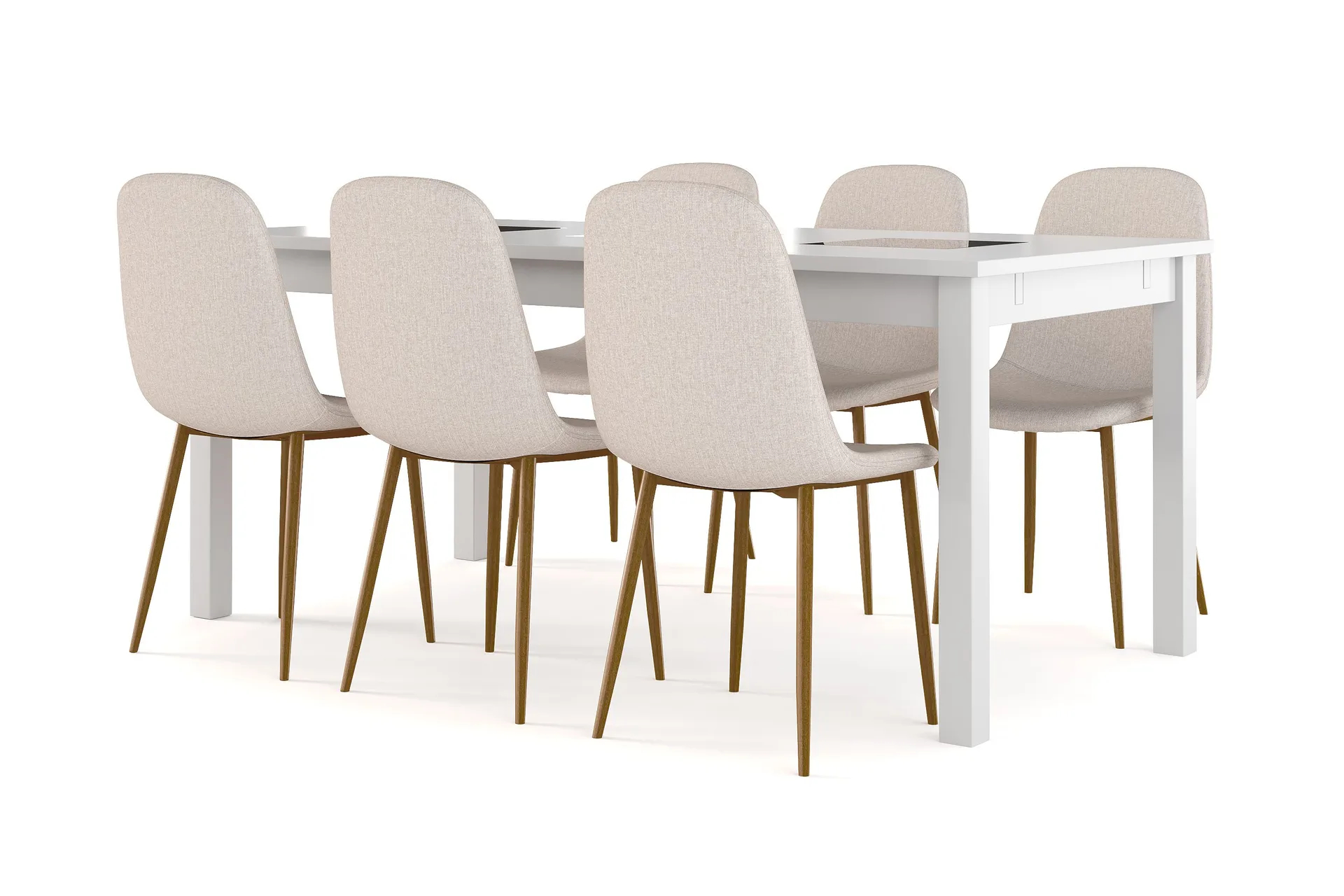 Jasmin Uttrekkbart Spisebord 180 cm + 6 stk Nibe stol beige med eikeben - Hvit/Beige