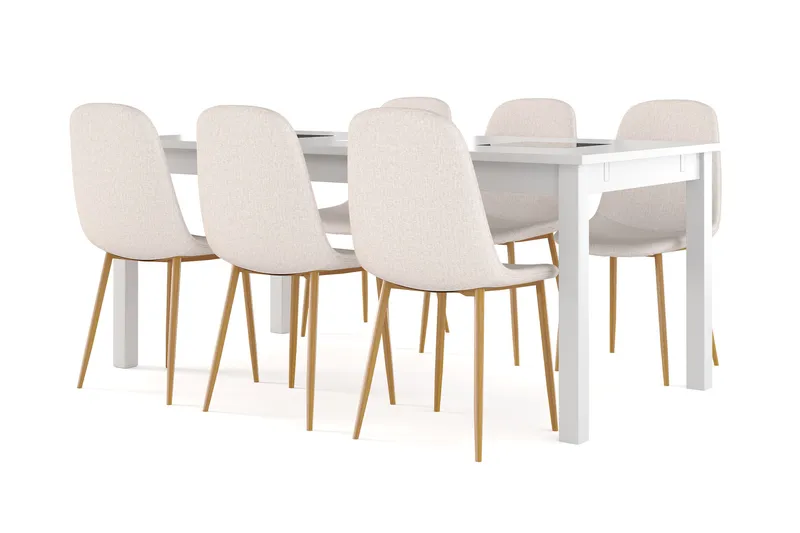 Jasmin Uttrekkbart Spisebord 180 cm + 6 stk Nibe stol beige med eikeben - Hvit/Beige - Møbler - Bord - Spisegrupper