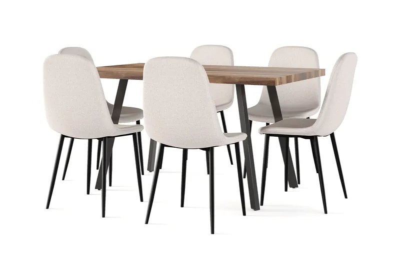Jasmin Uttrekkbart Spisebord 180 cm + 6 stk Nibe stol beige med svarte ben - Hvit/Beige - Møbler - Bord - Spisegrupper