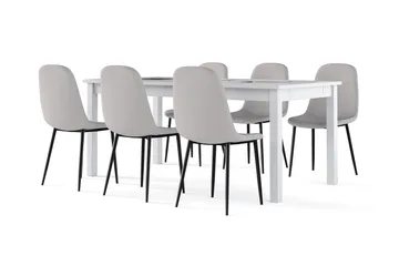 Jasmin Uttrekkbart Spisebord 180 cm + 6 stk Nibe stol grå med svarte ben - Hvit/Grå - Møbler - Bord - Spisegrupper