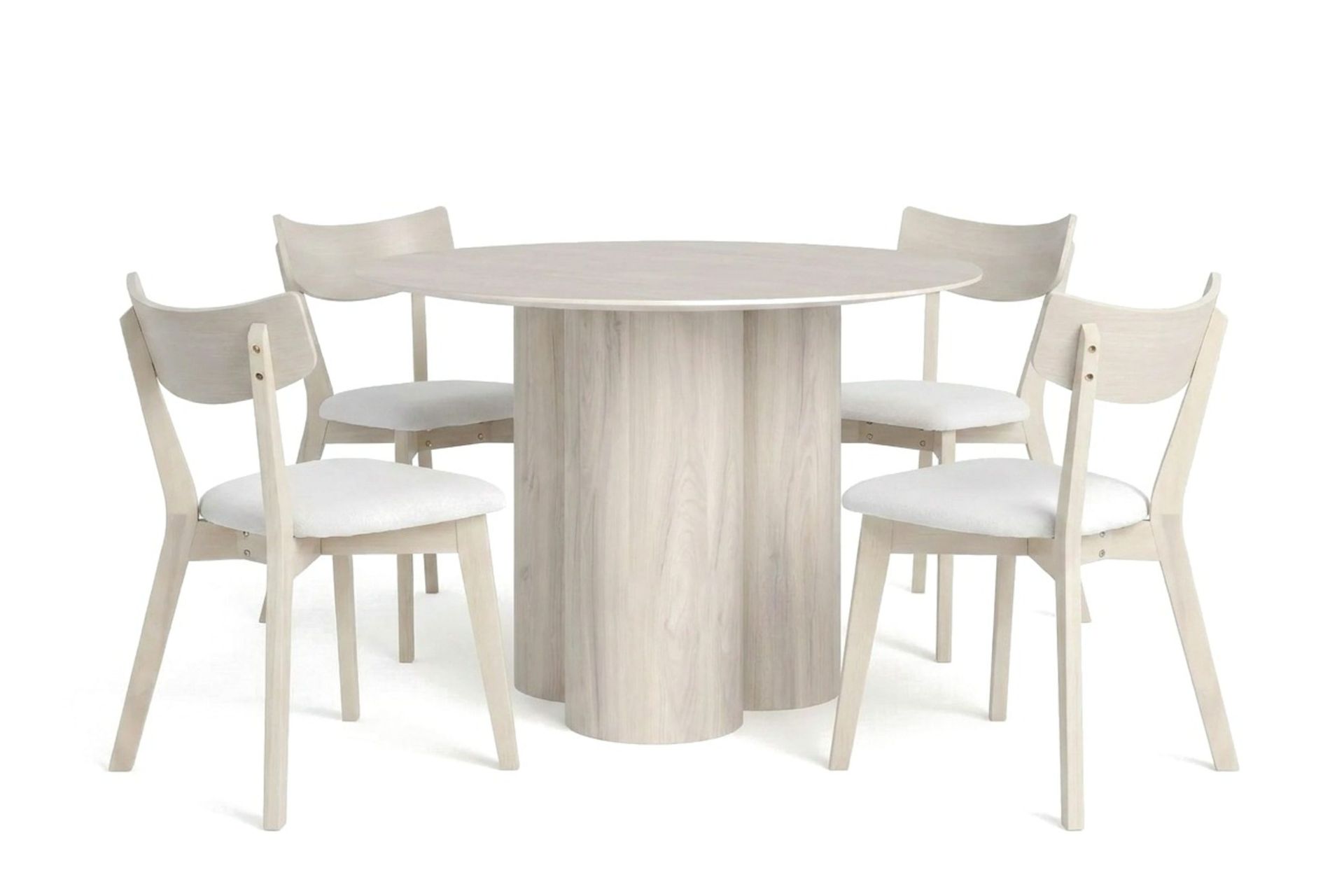 Juno spisegruppe 110 cm rund hvitlasert med 4 Amelia spisestoler med pute - Hvitlasert/Beige