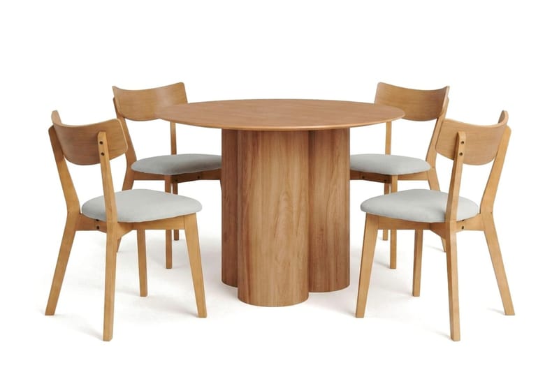 Juno spisegruppe 110 cm rund i eik med 4 Amelia spisestoler med pute - Eik/Beige - Møbler - Bord - Spisegrupper