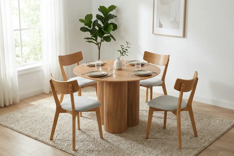 Juno spisegruppe 110 cm rund i eik med 4 Amelia spisestoler med pute - Eik/Beige - Møbler - Bord - Spisegrupper