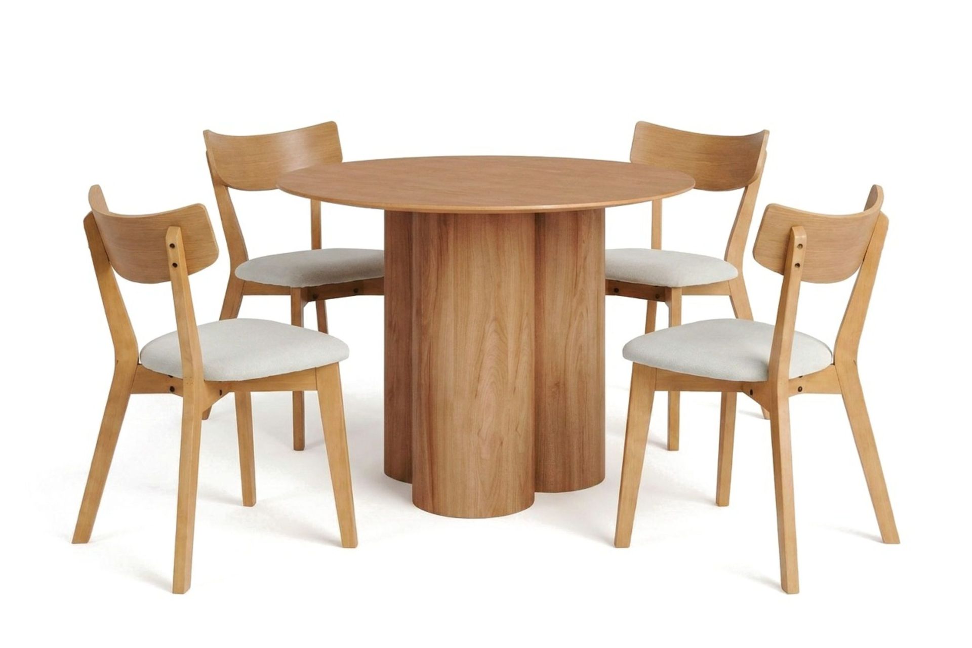 Juno spisegruppe 110 cm rund i eik med 4 Amelia spisestoler med pute - Eik/Beige