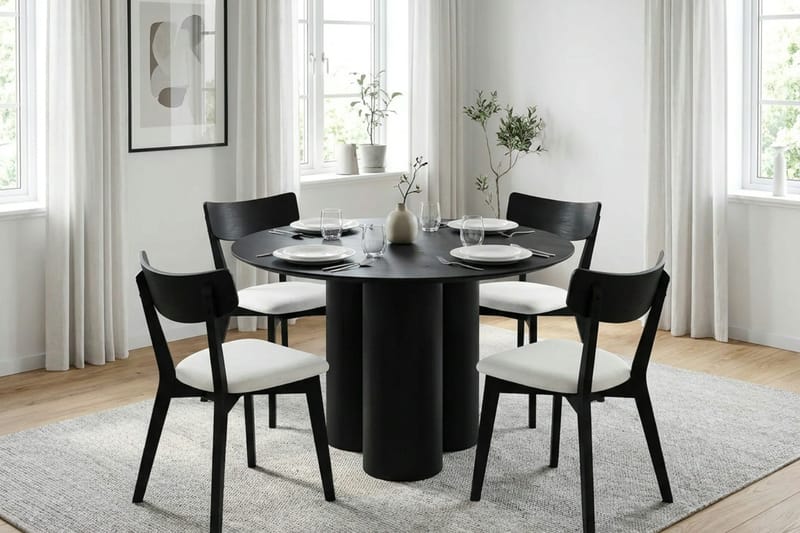Juno spisegruppe 110 cm rund i svart med 4 Amelia spisestoler med pute - Svart/Beige - Møbler - Bord - Spisegrupper