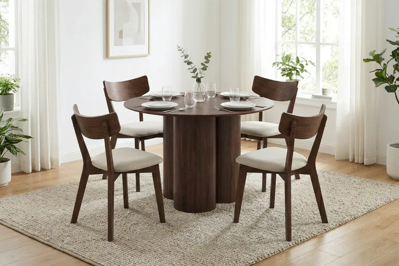 Juno spisegruppe 110 cm rund i valnøtt med 4 Amelia spisestoler med pute - Valnøtt/Beige - Møbler - Bord - Spisegrupper