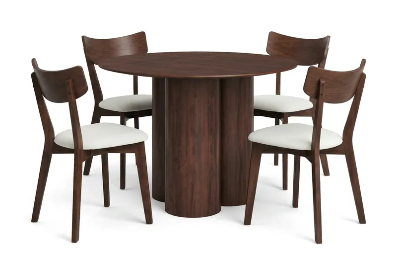 Juno spisegruppe 110 cm rund i valnøtt med 4 Amelia spisestoler med pute - Valnøtt/Beige - Møbler - Bord - Spisegrupper