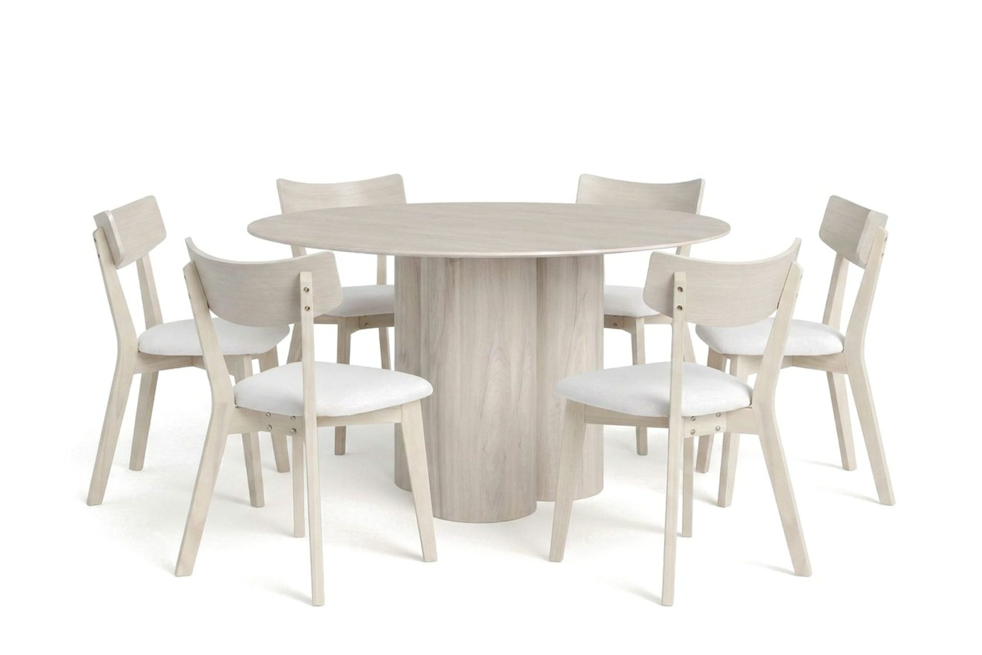 Juno spisegruppe 130 cm rund hvitlasert med 6 Ameli spisestoler med pute - Hvitlasert/Beige