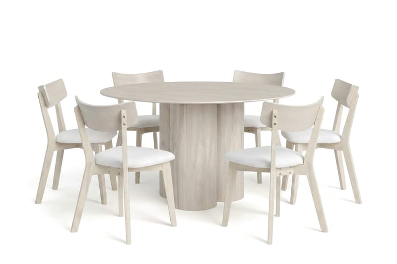 Juno spisegruppe 130 cm rund hvitlasert med 6 Ameli spisestoler med pute, Hvitlasert/Beige