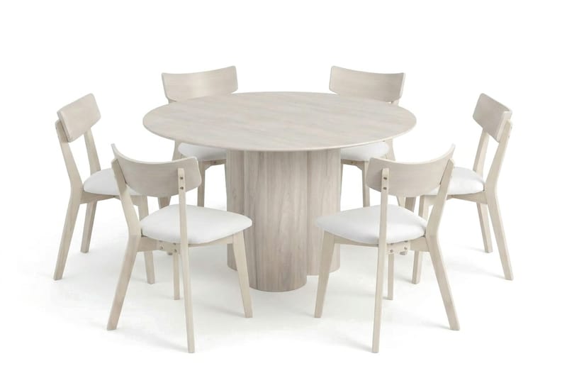 Juno spisegruppe 130 cm rund hvitlasert med 6 Ameli spisestoler med pute - Hvitlasert/Beige - Møbler - Bord - Spisegrupper