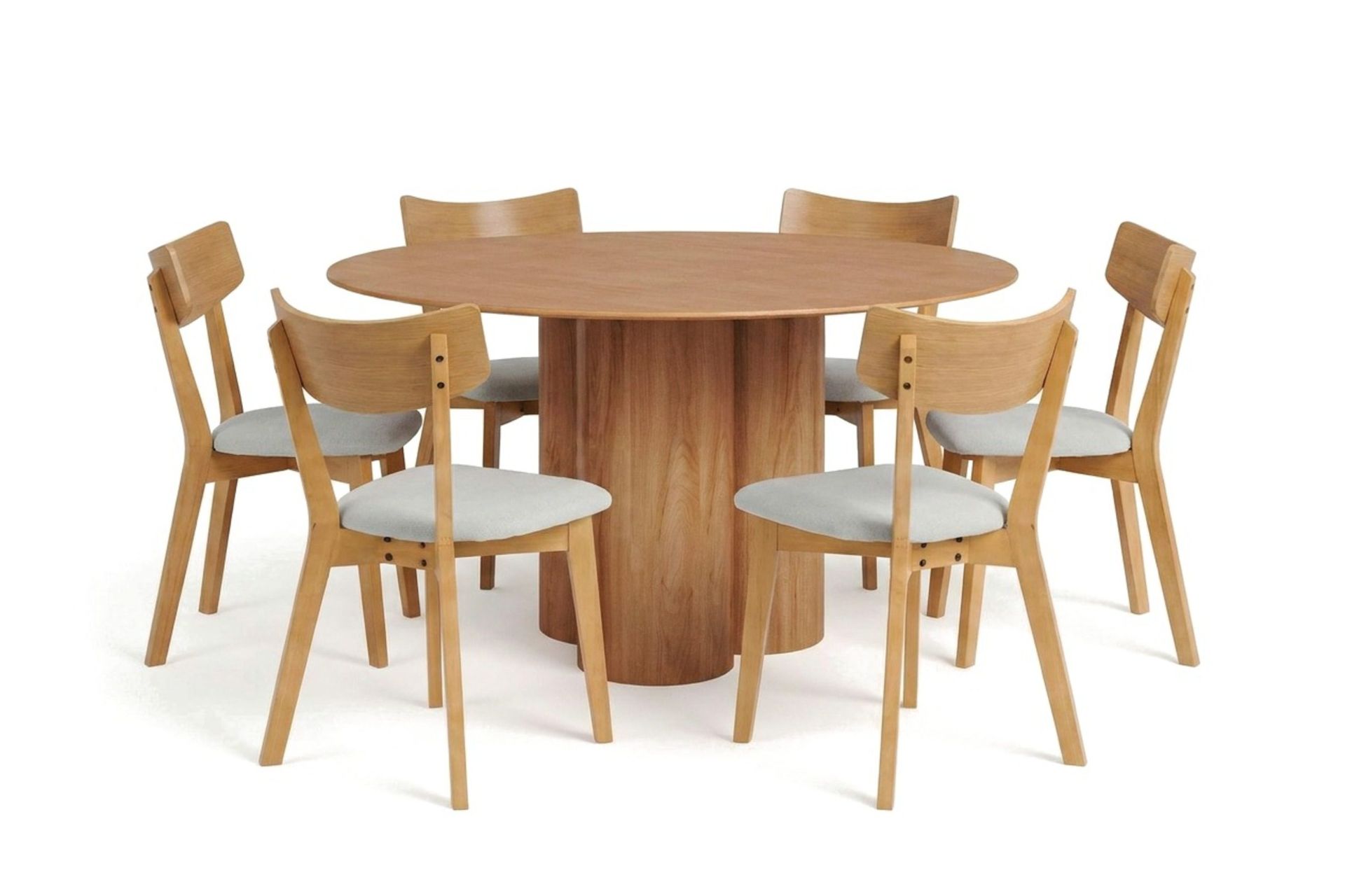 Juno spisegruppe 130 cm rund i eik med 6 Amelia spisestoler med sittepute - Eik/Beige