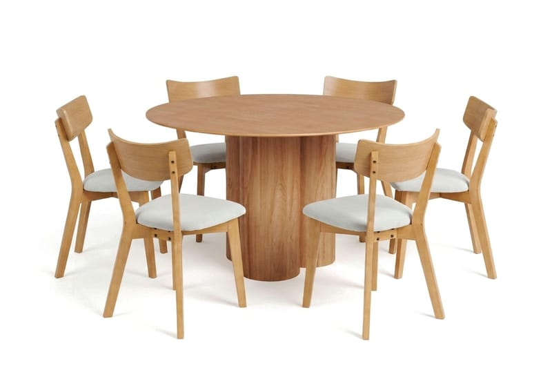Juno spisegruppe 130 cm rund i eik med 6 Amelia spisestoler med sittepute - Eik/Beige - Møbler - Bord - Spisegrupper