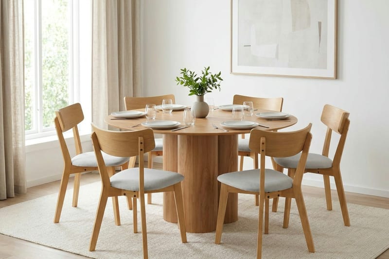 Juno spisegruppe 130 cm rund i eik med 6 Amelia spisestoler med sittepute - Eik/Beige - Møbler - Bord - Spisegrupper