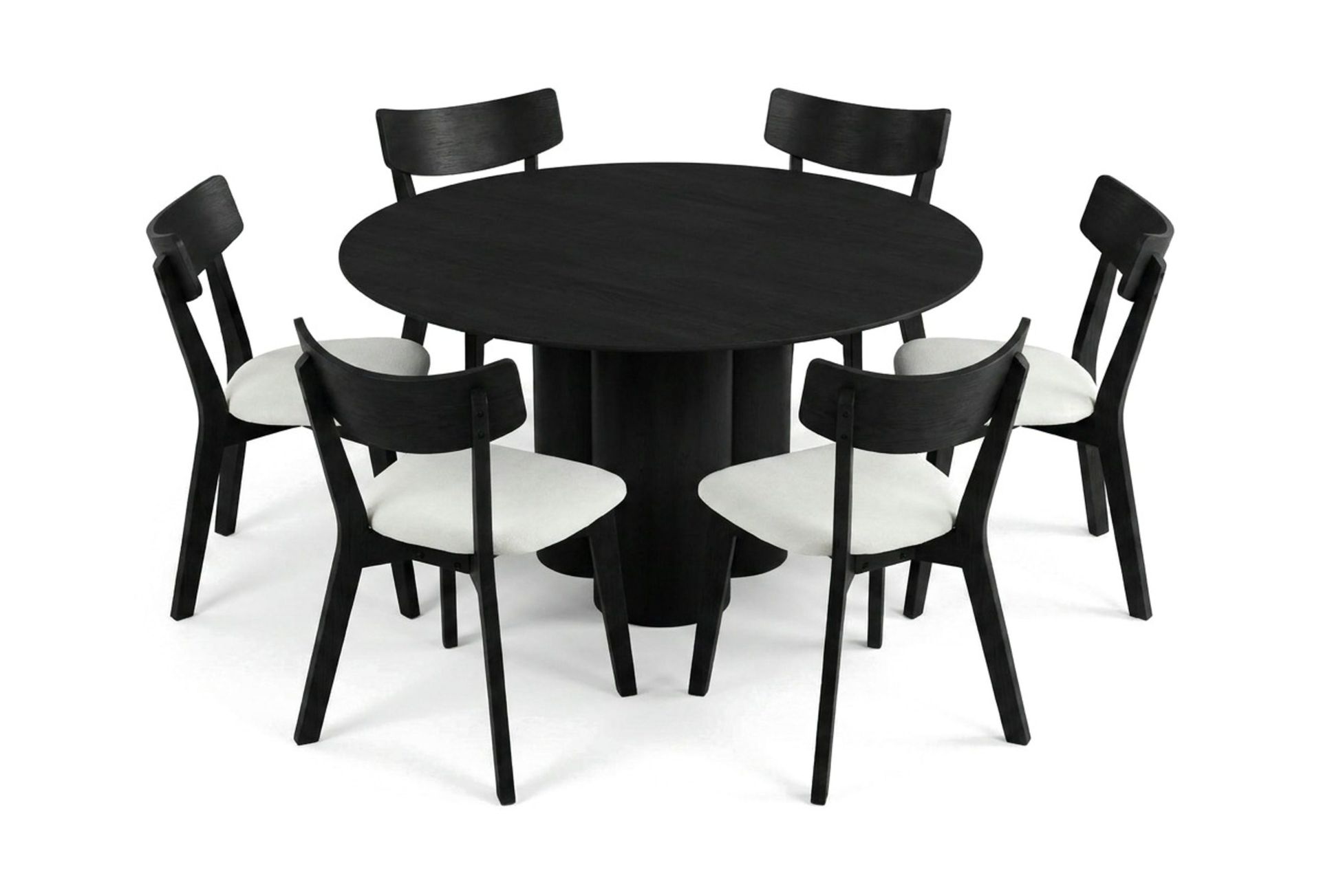 Juno spisegruppe 130 cm rund i svart med 6 Amelia spisestoler med pute - Svart/Beige