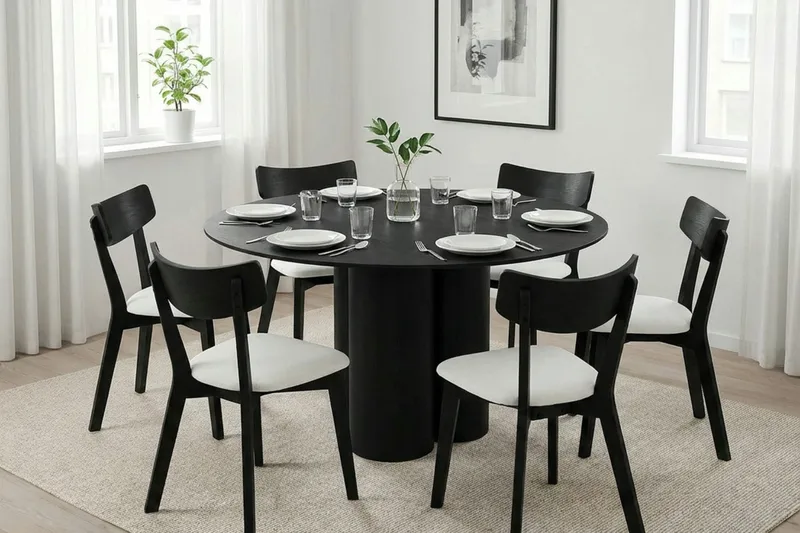Juno spisegruppe 130 cm rund i svart med 6 Amelia spisestoler med pute - Svart/Beige - Møbler - Bord - Spisegrupper
