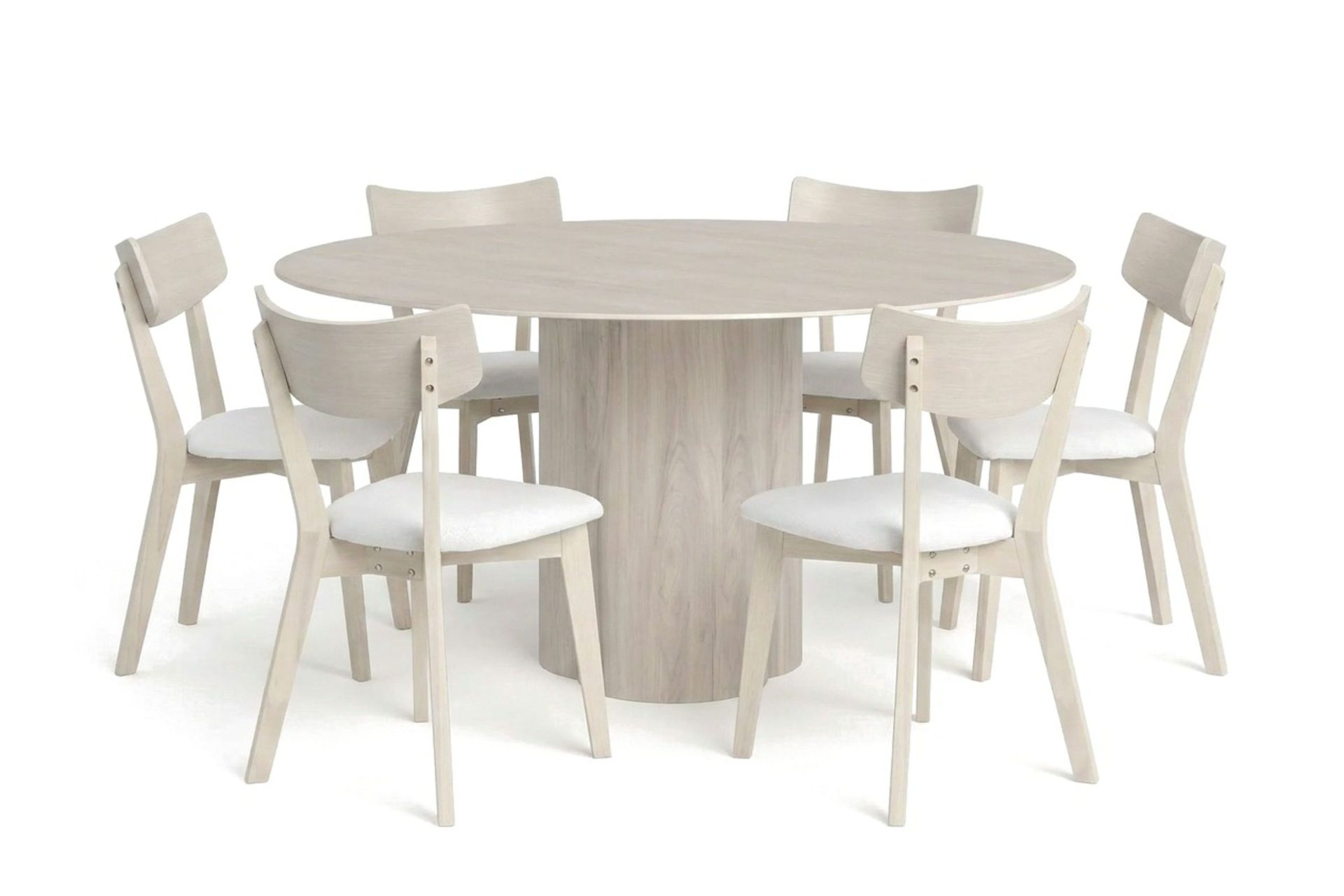 Juno spisegruppe 150 cm rund hvitlasert med 6 Amelia spisestoler med pute - Hvitlasert/Beige
