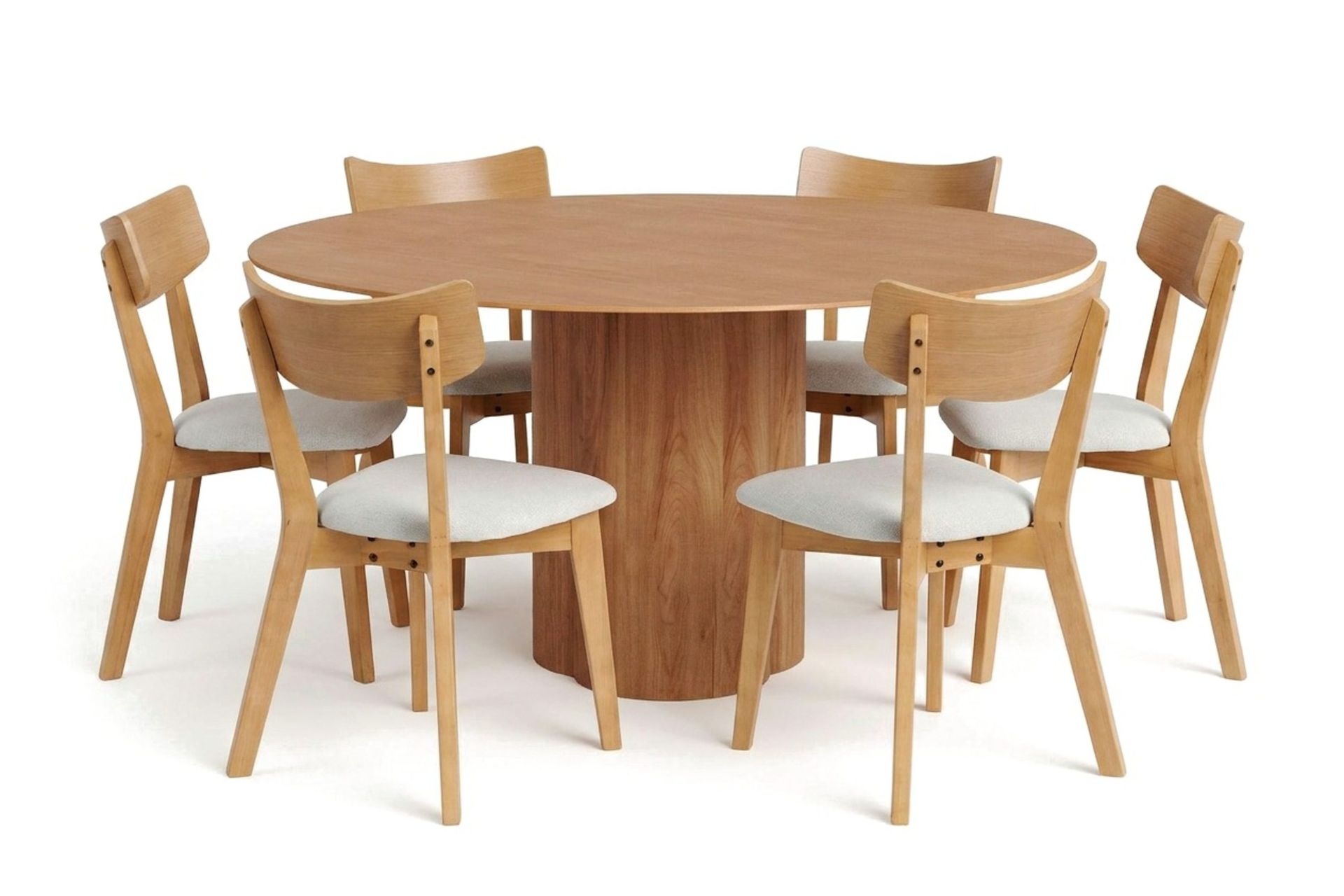 Juno spisegruppe 150 cm rund i eik med 6 Amelia spisestoler med pute - Eik/Beige