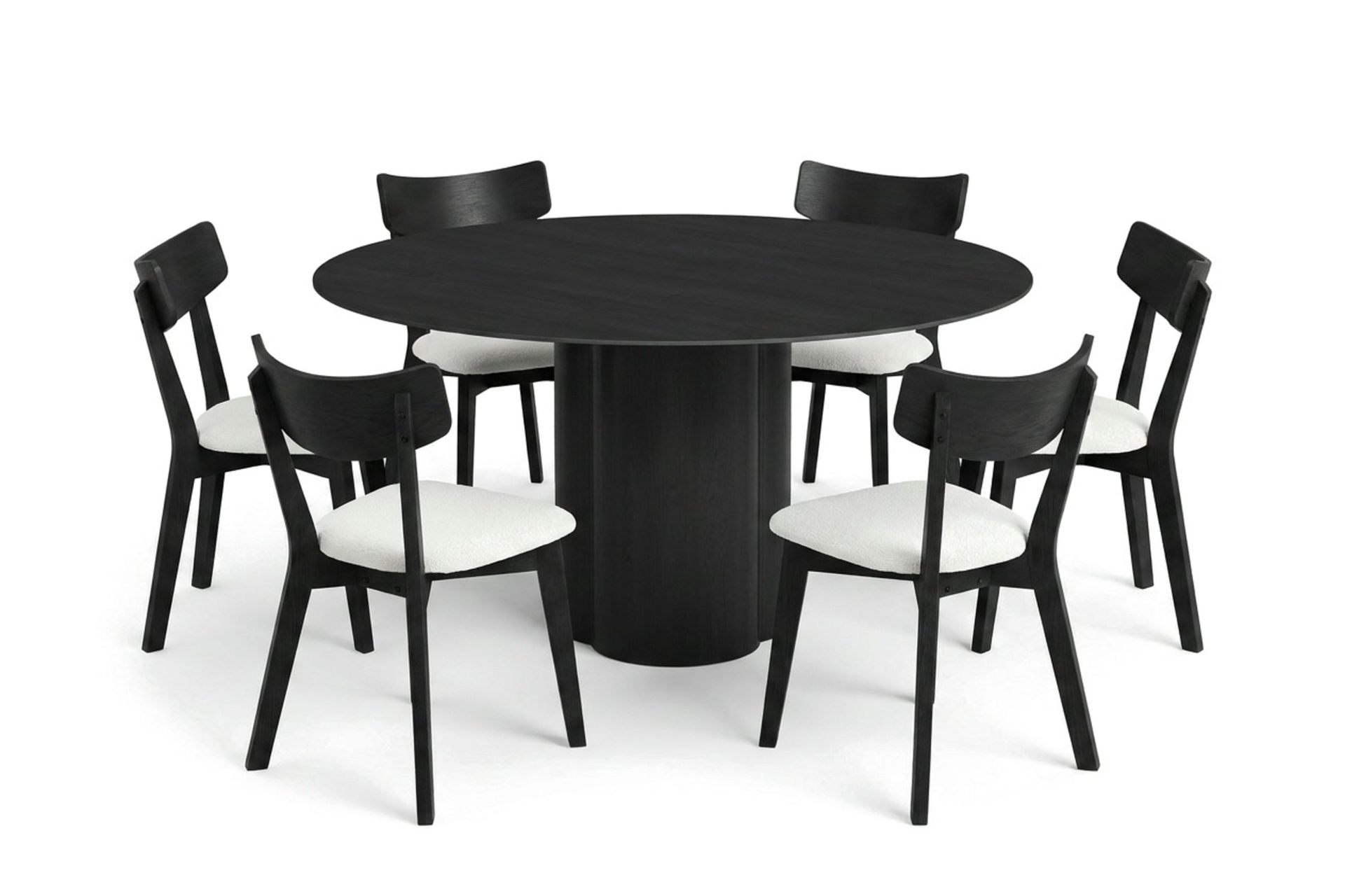 Juno spisegruppe 150 cm rund i svart med 6 Amelia spisestoler med pute - Svart/Beige