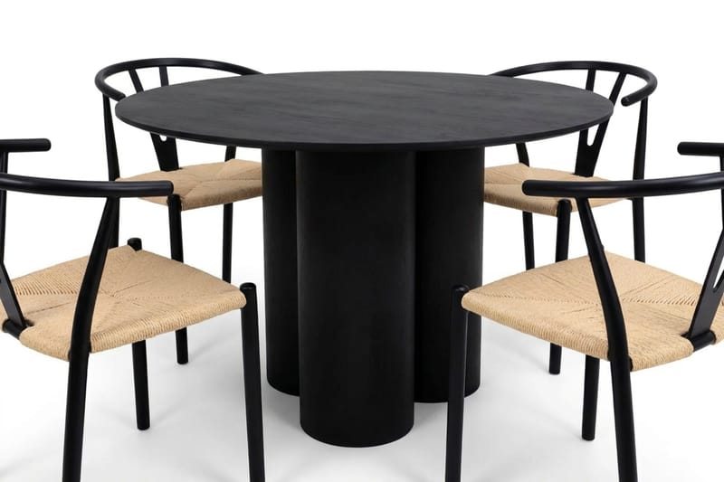 Juno spisegruppe rund 110 cm svart med 4 Elysia spisestoler - Svartbeiset eik - Møbler - Bord - Spisegrupper