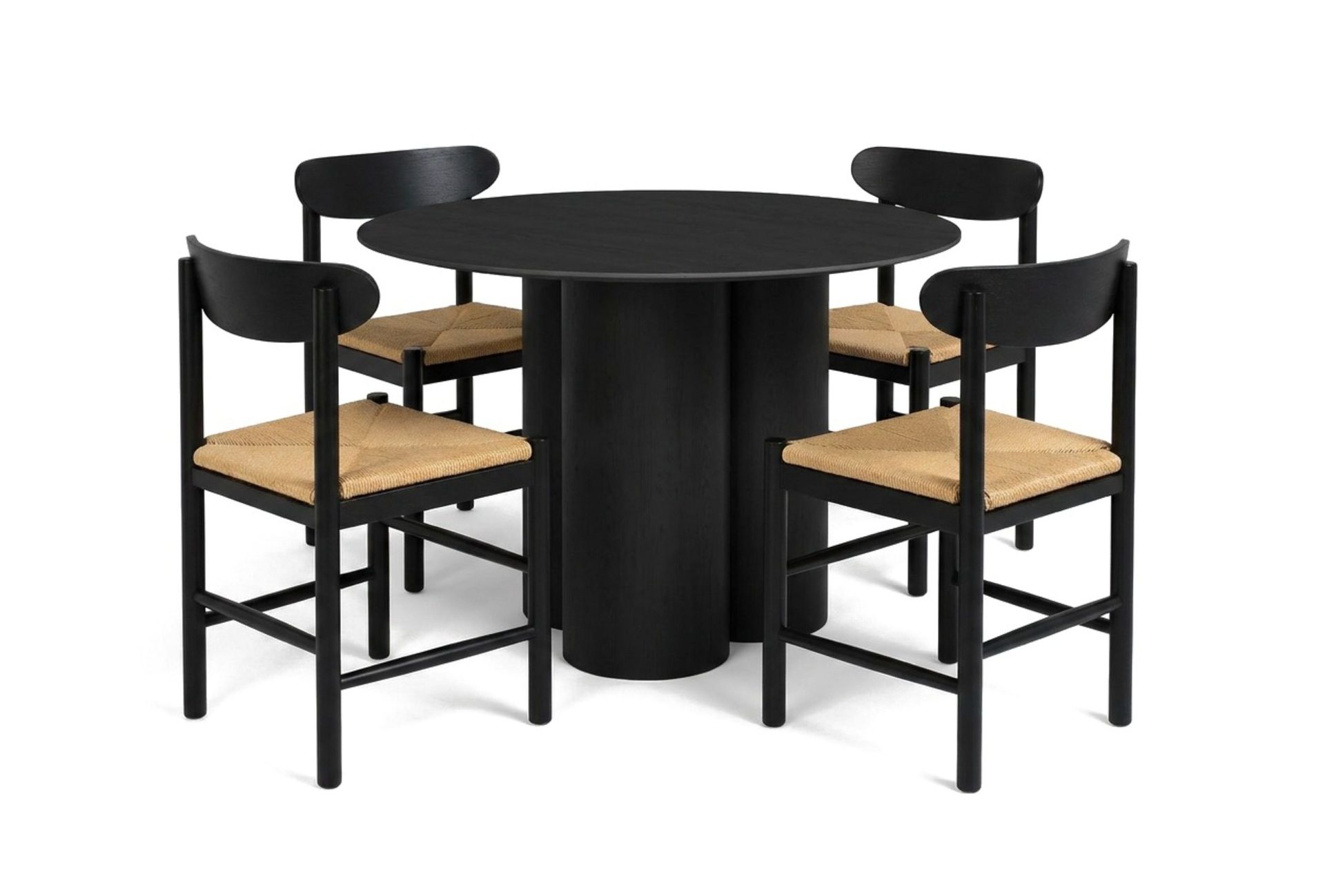 Juno spisegruppe rund 110 cm svart med 4 Malte spisestoler -