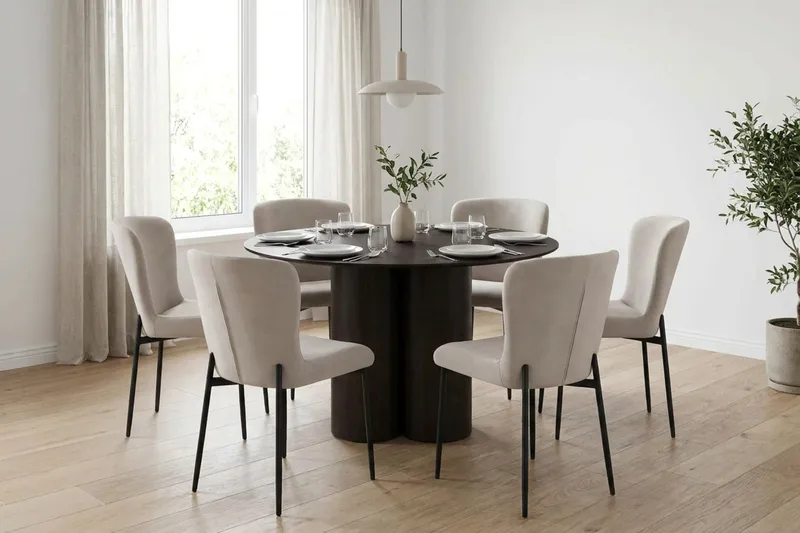 Juno spisegruppe rund 130 cm røkt eik med 6 Elsie spisestoler - Røkt eik/Beige - Møbler - Bord - Spisegrupper