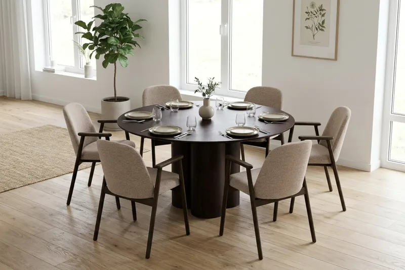 Juno spisegruppe rund 130 cm svart med 6 Reciclar spisestoler - Svart - Møbler - Bord - Spisegrupper