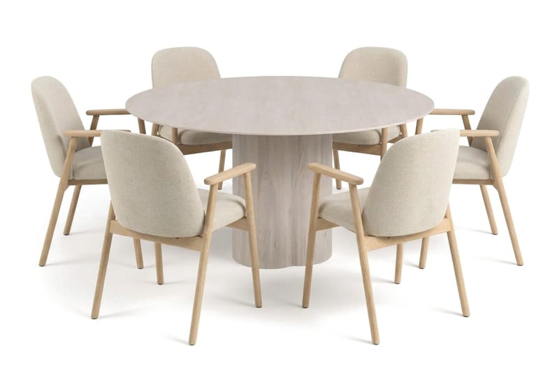 Juno spisegruppe rund 150 cm hvitlasert med 6 Reciclar spisestoler, Hvitbeiset eik