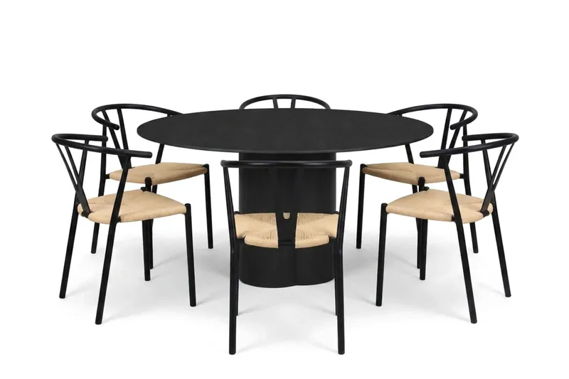 Juno spisegruppe rund 150 cm svart med 6 Elysia spisestoler, undefined