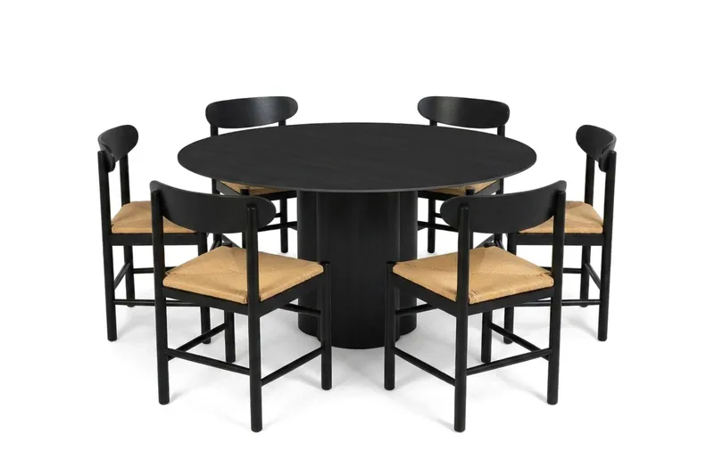 Juno spisegruppe rund 150 cm svart med 6 Malte spisestoler, undefined