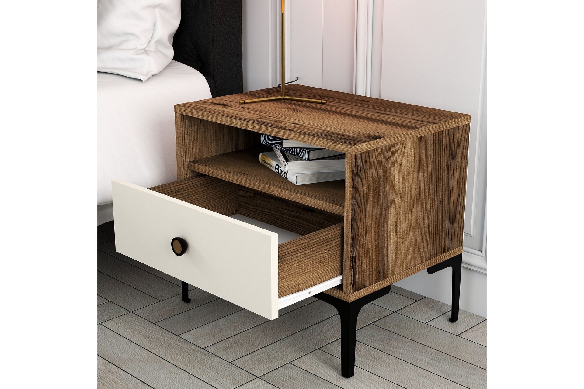 Ameias Nattbord 56x40 cm Brun/Beige - Hanah Home - Møbler - Bord - Avlastningsbord - Sengebord & nattbord