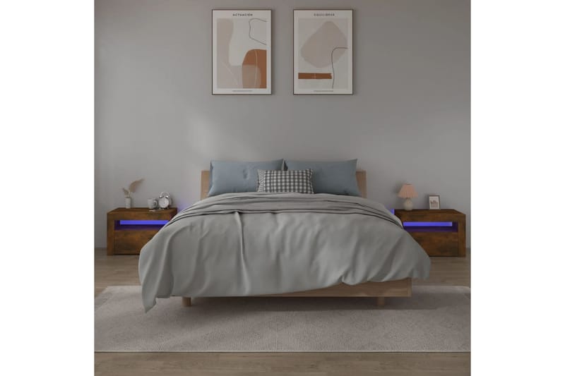 beBasic Nattbord 2 stk med LED røkt eik 60x35x40 cm - Brun - Møbler - Bord - Avlastningsbord - Sengebord & nattbord