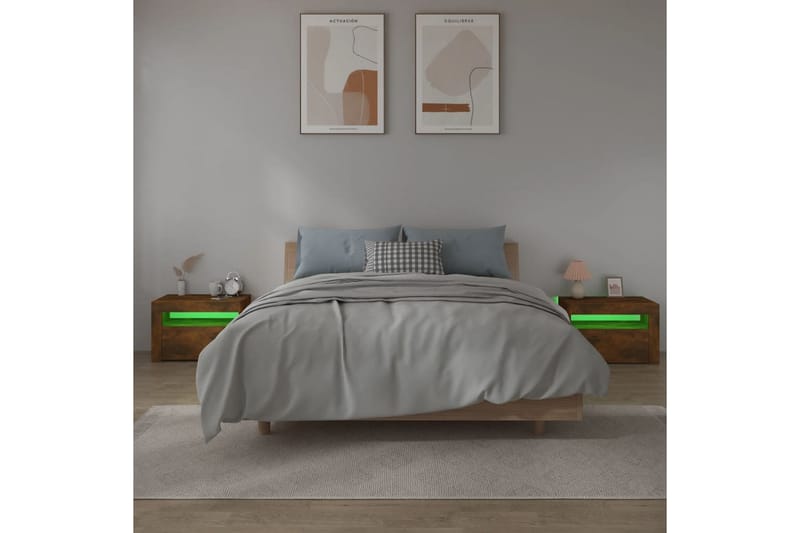 beBasic Nattbord 2 stk med LED røkt eik 60x35x40 cm - Brun - Sengebord & nattbord