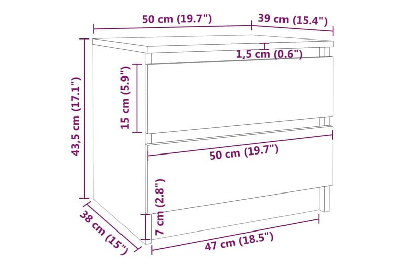 beBasic Nattbord 2 stk røkt eik 50x39x43,5 cm konstruert tre - Brun - Sengebord & nattbord