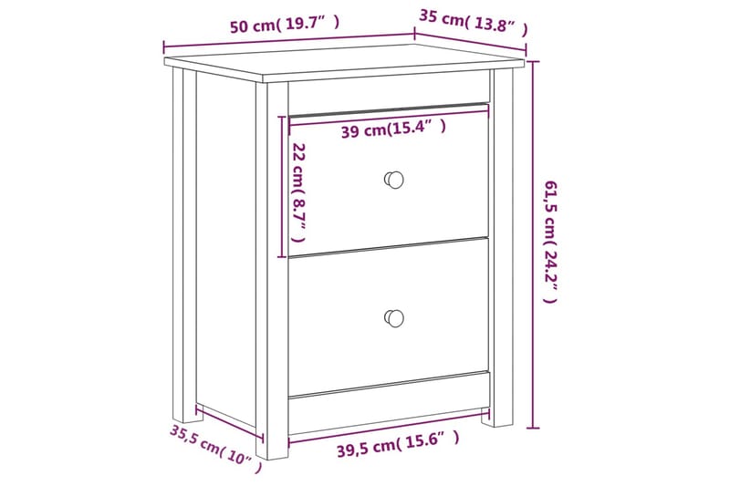 beBasic Nattbord 2 stk svart 50x35x61,5 heltre furu - Svart - Møbler - Bord - Avlastningsbord - Sengebord & nattbord