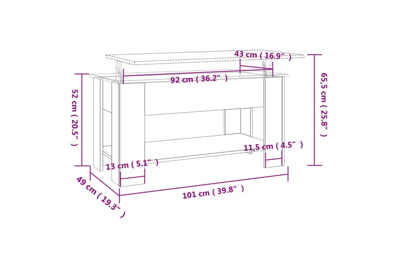 beBasic Salongbord sonoma eik 101x49x52 cm konstruert tre - Brun - Lampebord & sidebord - Brettbord og småbord