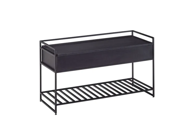 Benke Wohnling industrielt utseende med stor lagringsplass i massivt tre og åpen skohylle Svart, Svart