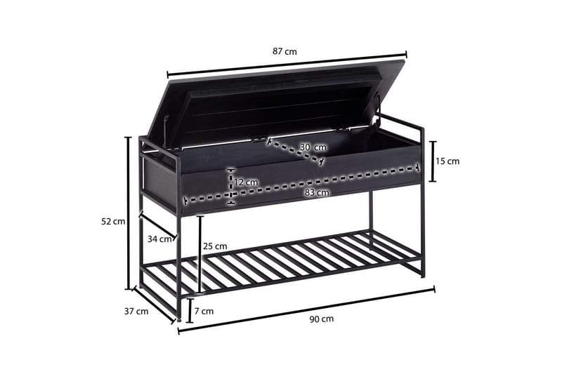 Benke Wohnling industrielt utseende med stor lagringsplass i massivt tre og åpen skohylle Svart - Svart - Møbler - Bord - Avlastningsbord - Lampebord & sidebord